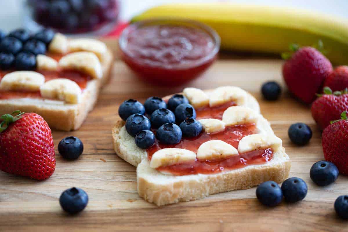 4th of July Breakfast Toast with blueberries and strawberry jam