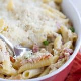 Chicken and Bacon Pasta in a casserole dish