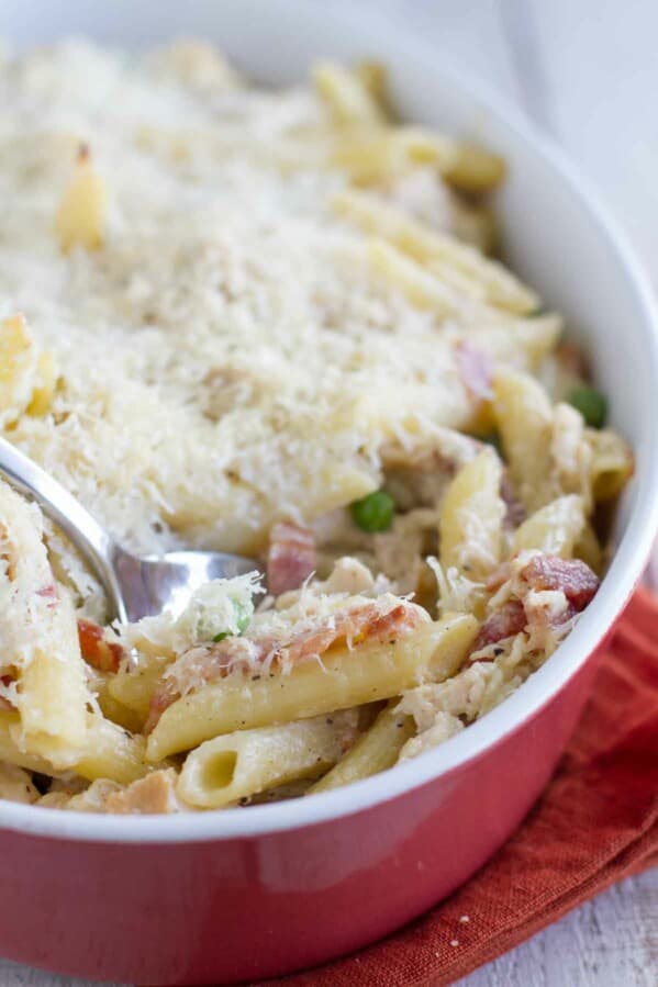 Chicken and Bacon Pasta in a casserole dish