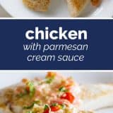 Chicken with Parmesan Cream Sauce with text in the middle