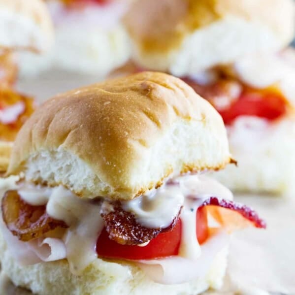 close up of Mini Kentucky Hot Brown Sandwiches
