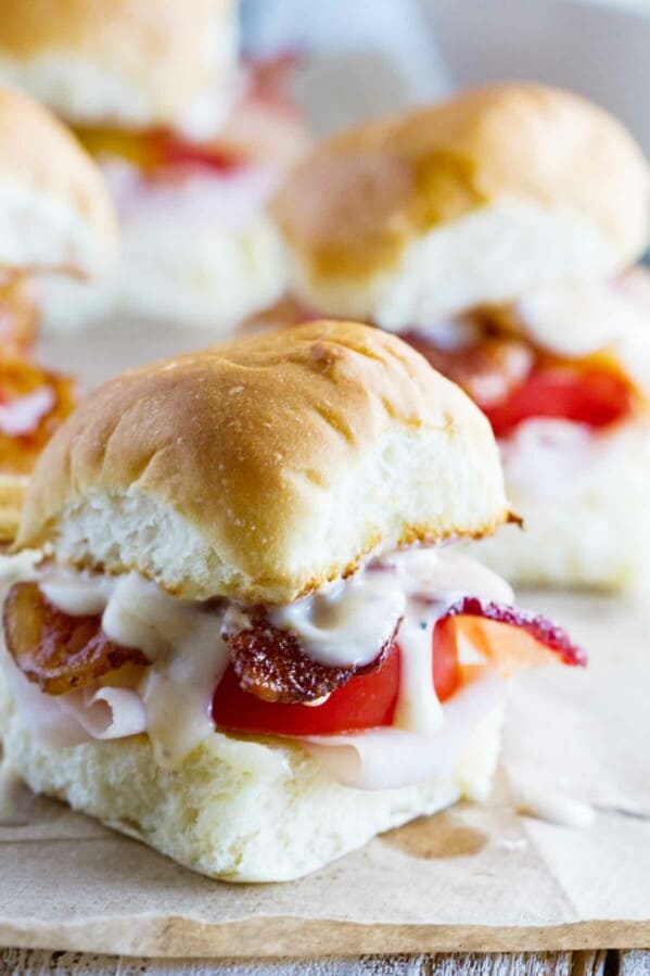 close up of Mini Kentucky Hot Brown Sandwiches