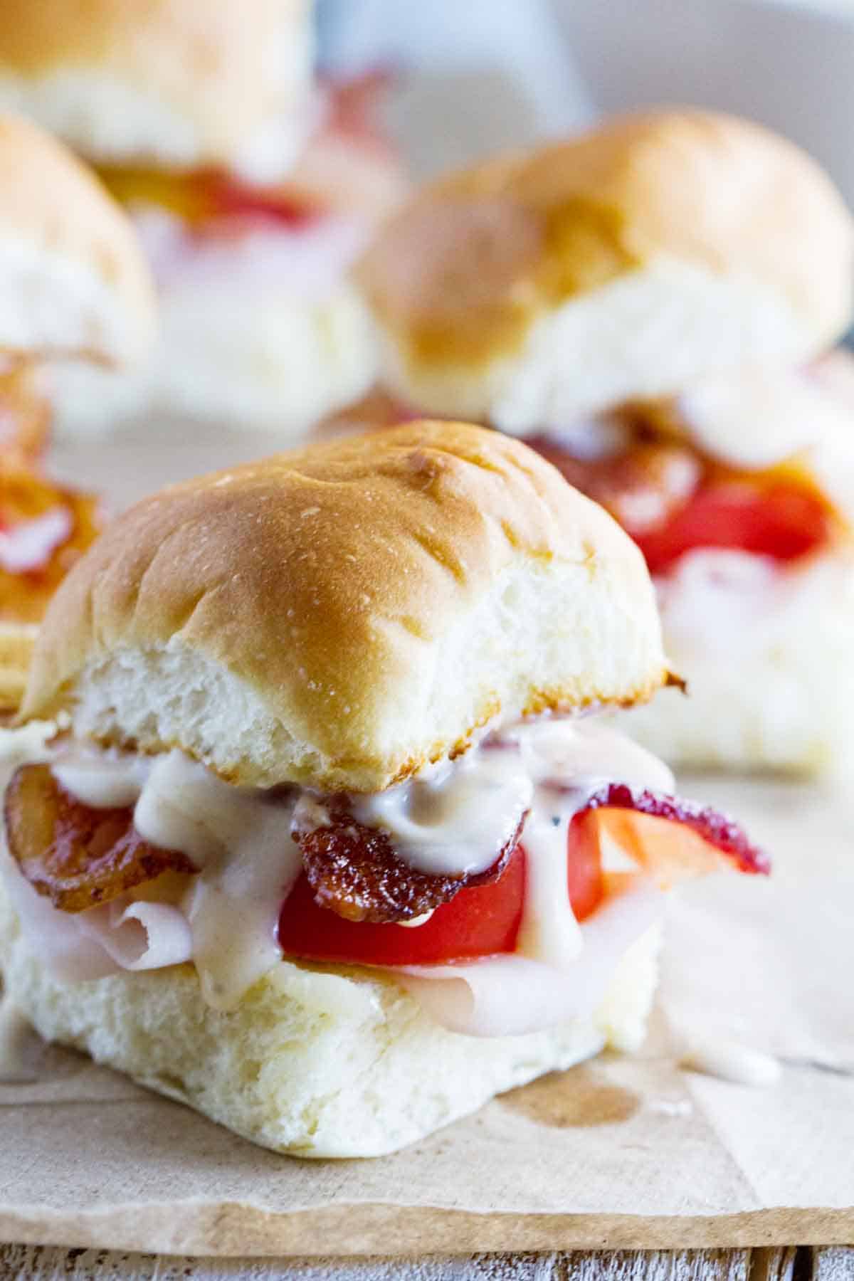close up of Mini Kentucky Hot Brown Sandwiches