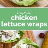 2 photos of chicken lettuce wraps with text in the middle