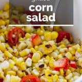 close up of corn salad with text overlay