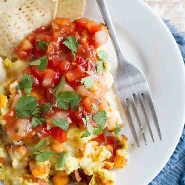 overhead view of Mexican Egg and Sweet Potato Scramble