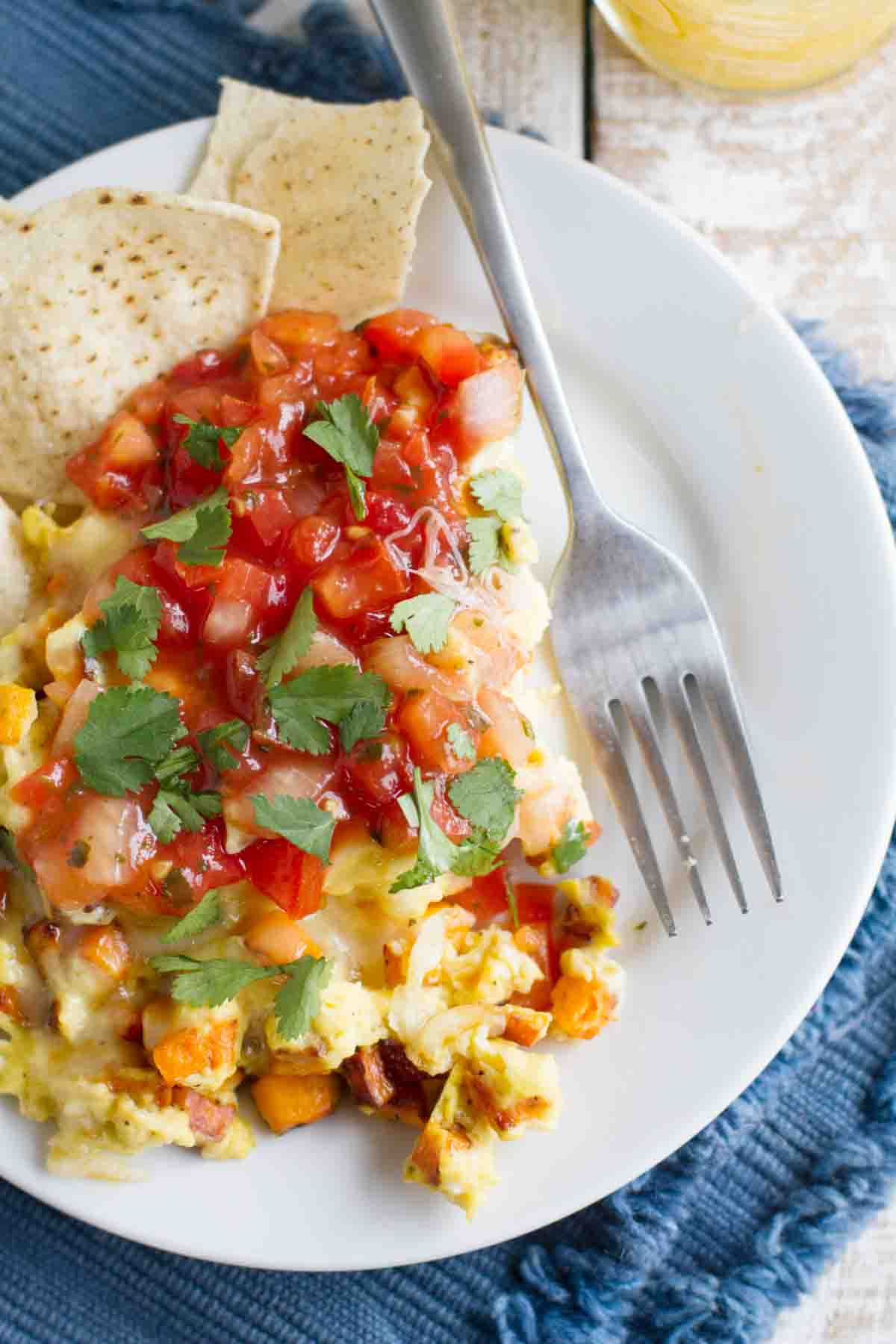 overhead view of Mexican Egg and Sweet Potato Scramble