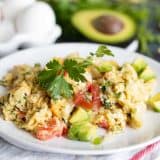 portion of migas on a plate topped with cilantro and avocado