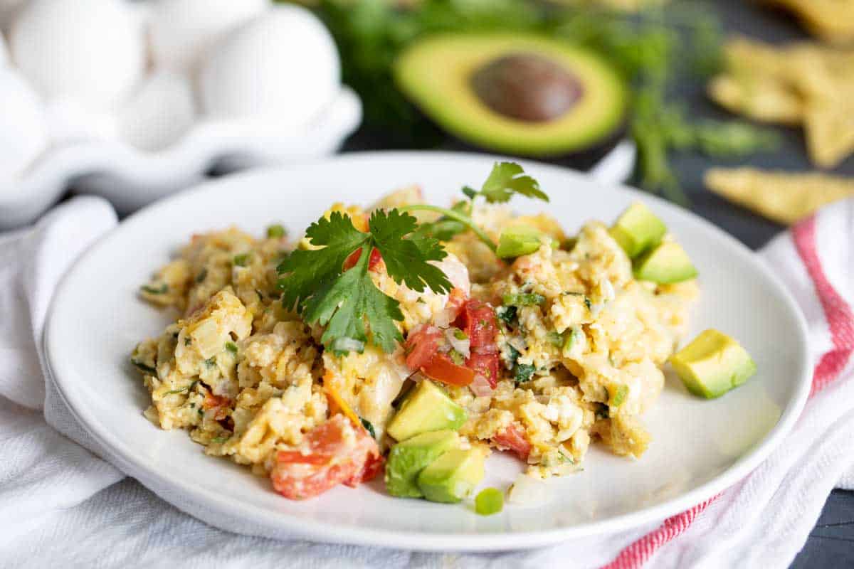 This Migas recipe makes a breakfast with Tex-Mex flair! Eggs, tortilla chips, and a little bit of spice, all in an easy 1 skillet meal. portion of migas on a plate topped with cilantro and avocado