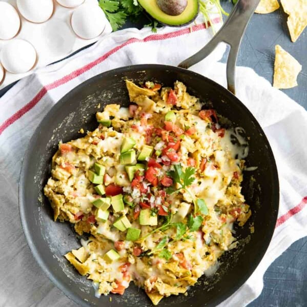 overhead view of migas in a skillet