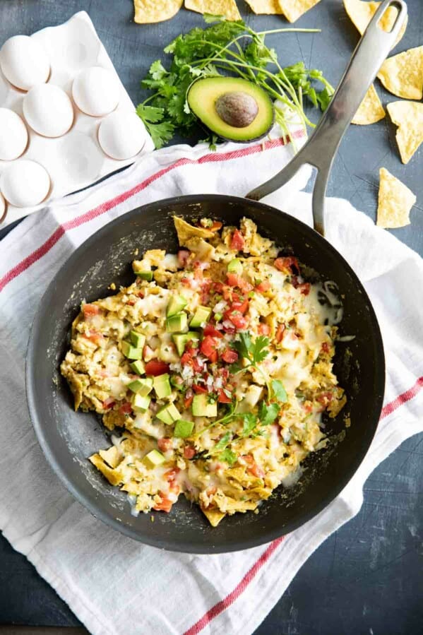 overhead view of migas in a skillet