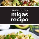 migas in a skillet and on a plate with text in the center