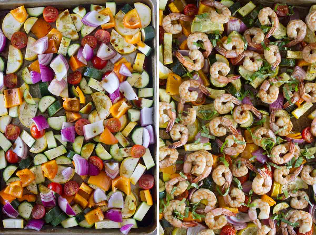 sheet pan with uncooked vegetables and sheet pan with cooked vegetables and shrimp