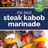 steak kabobs with vegetables with text in the center