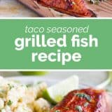 taco seasoned grilled fish with text in the center