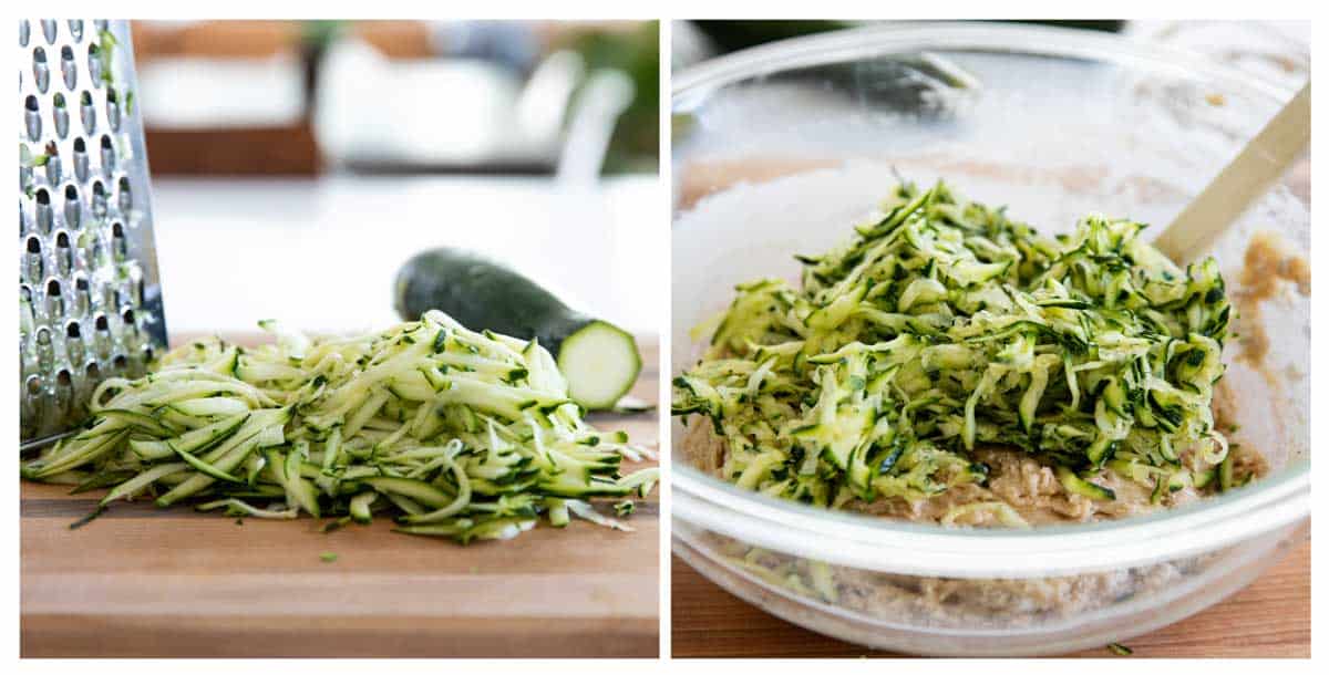 grating zucchini and mixing zucchini into batter for Zucchini Bread