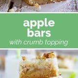 apple bars with crumb topping with text in the middle