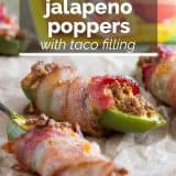 bacon wrapped jalapeno poppers with taco filling with text overlay