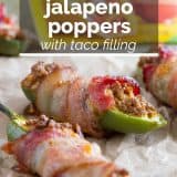 bacon wrapped jalapeno poppers with taco filling with text overlay