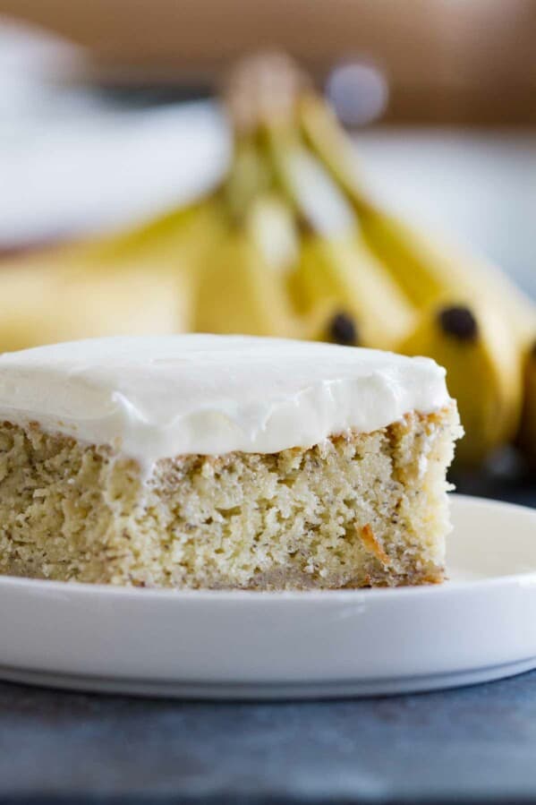 close up of banana cake with cream cheese frosting