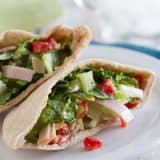 pita sandwich with turkey, lettuce and roasted red peppers
