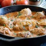 chicken paprikash in a cast iron skillet