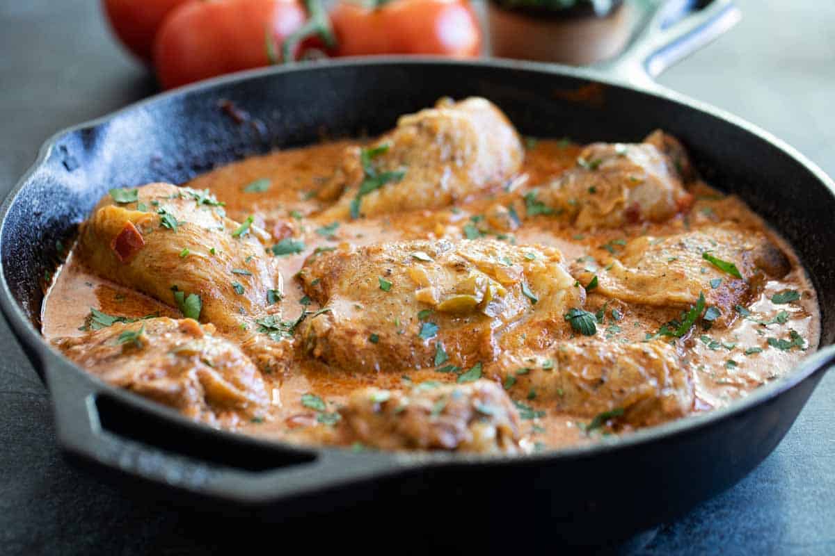 chicken paprikash in a cast iron skillet