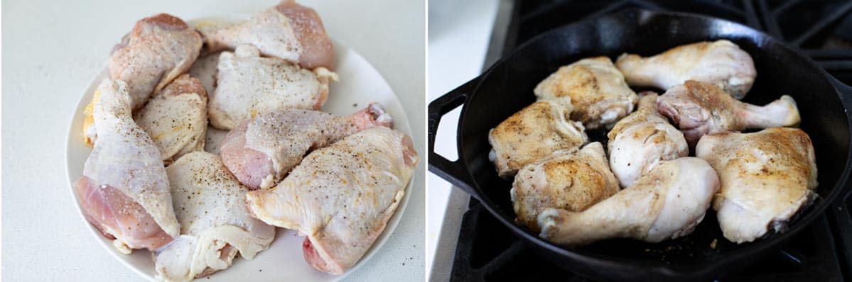 chicken drumsticks and thighs cooking in a cast iron skillet