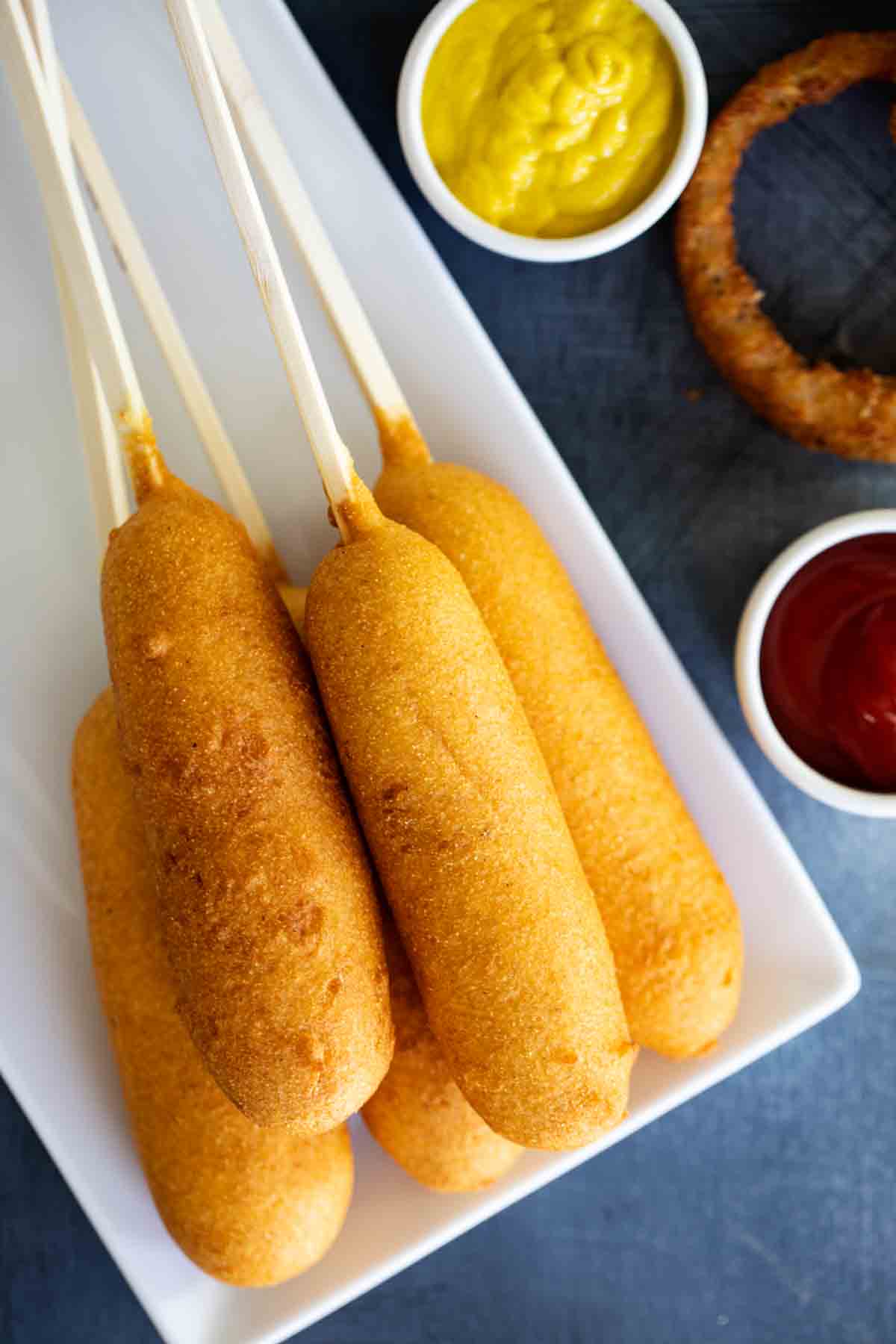 overhead view of homemade corn dogs