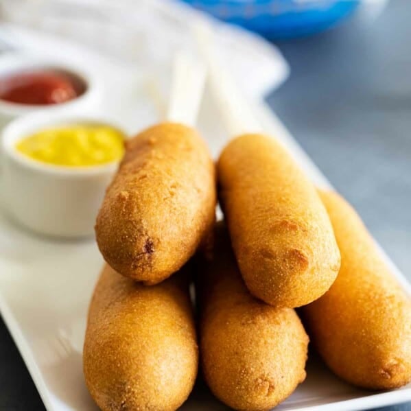 homemade corn dog recipe with ketchup and mustard