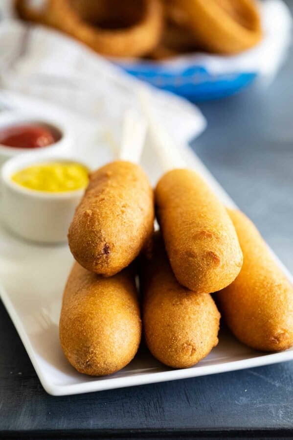 homemade corn dog recipe with ketchup and mustard