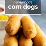 close up of corn dogs with text overlay