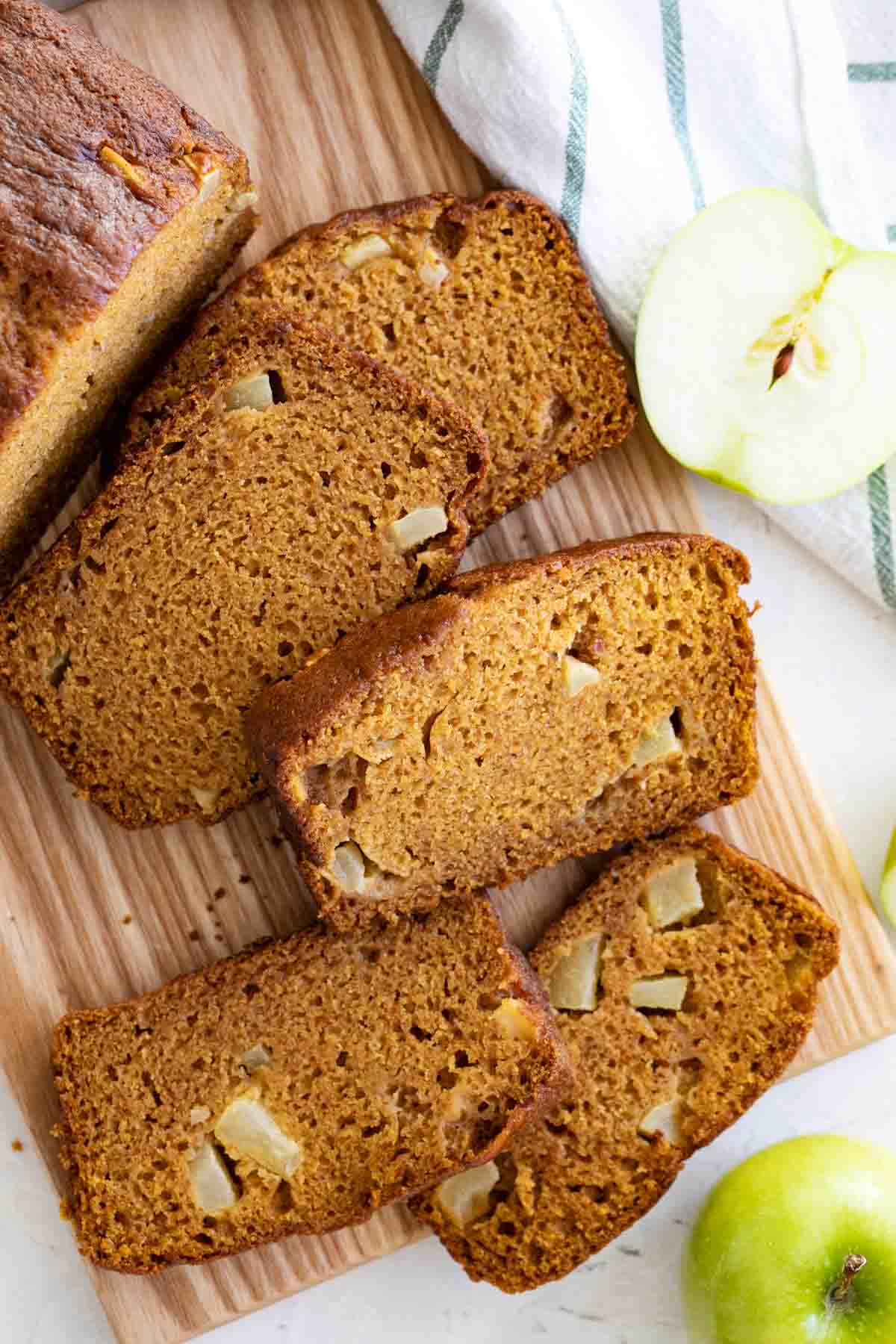 overhead view of slices of pumpkin apple bread