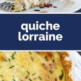 slice of quiche lorraine plus whole quiche with text in the middle