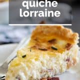 slice of quiche lorraine with text overlay