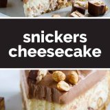 slice of snickers cheesecake with text in the middle