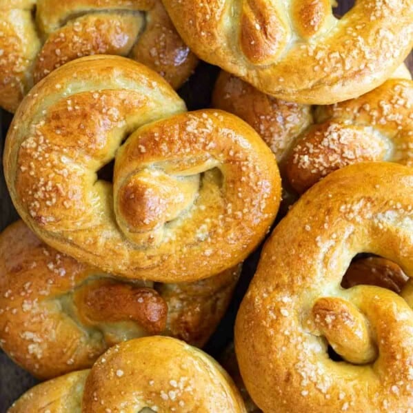 overhead view with stack of soft pretzels