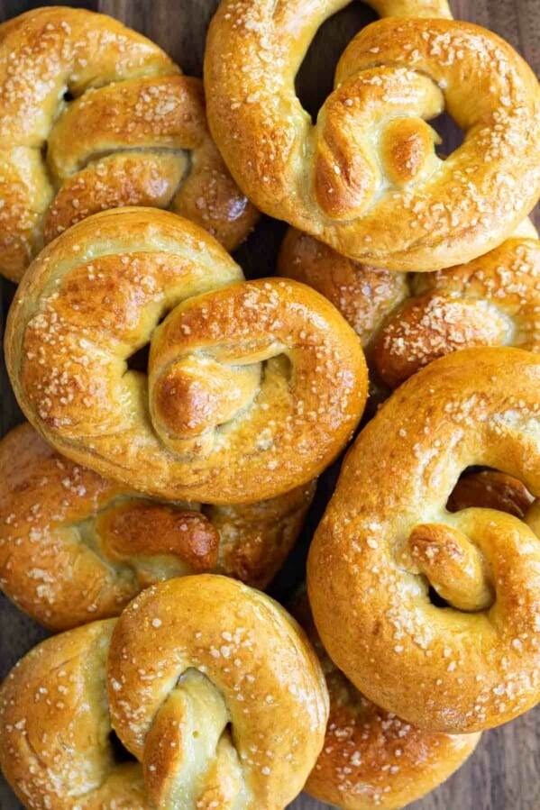 overhead view with stack of soft pretzels