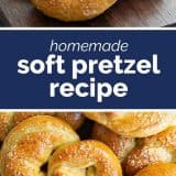 finished soft pretzels with text in the center