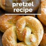 close up of soft pretzel with text overlay