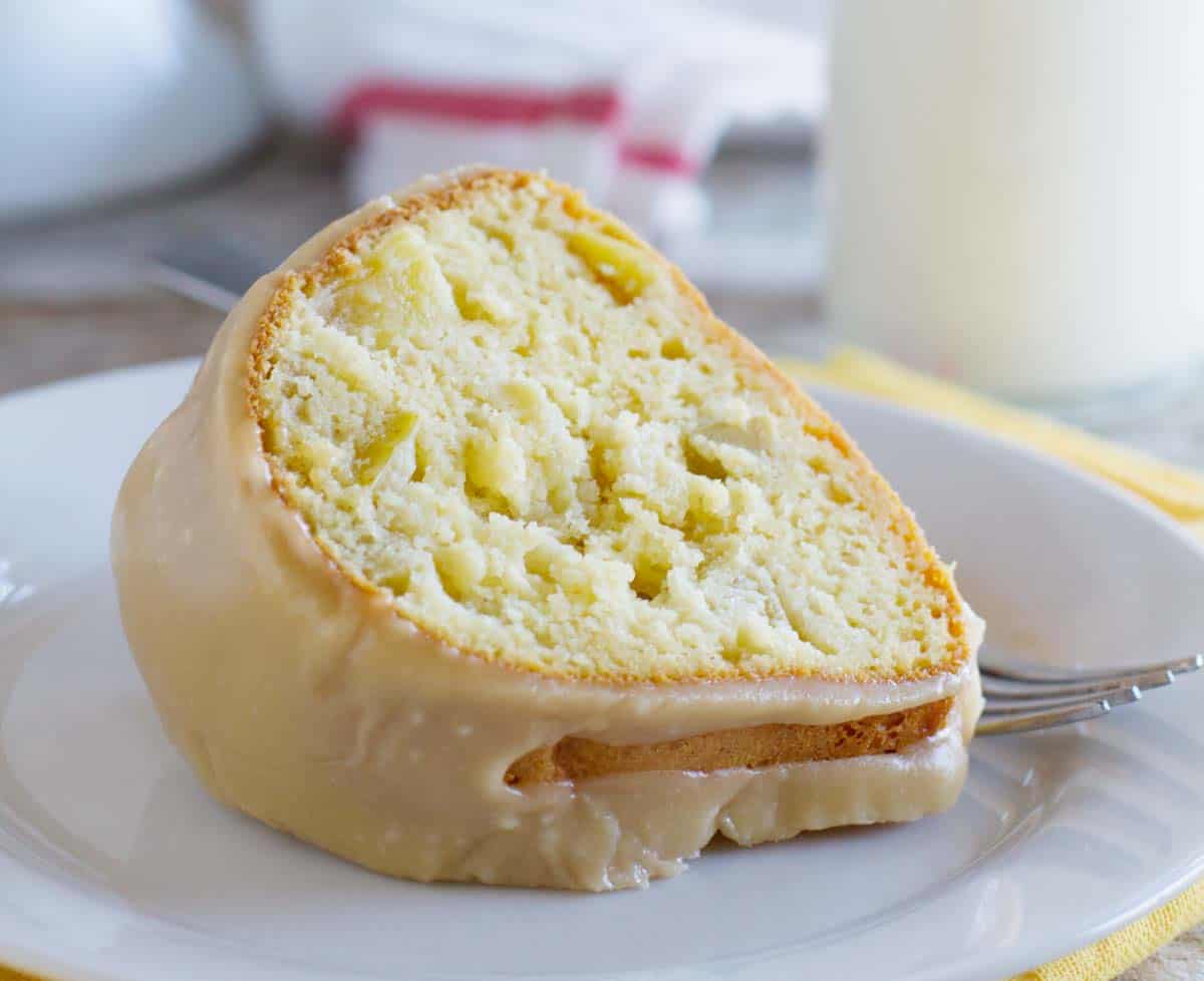 slice of Apple Bundt Cake with apple chunks