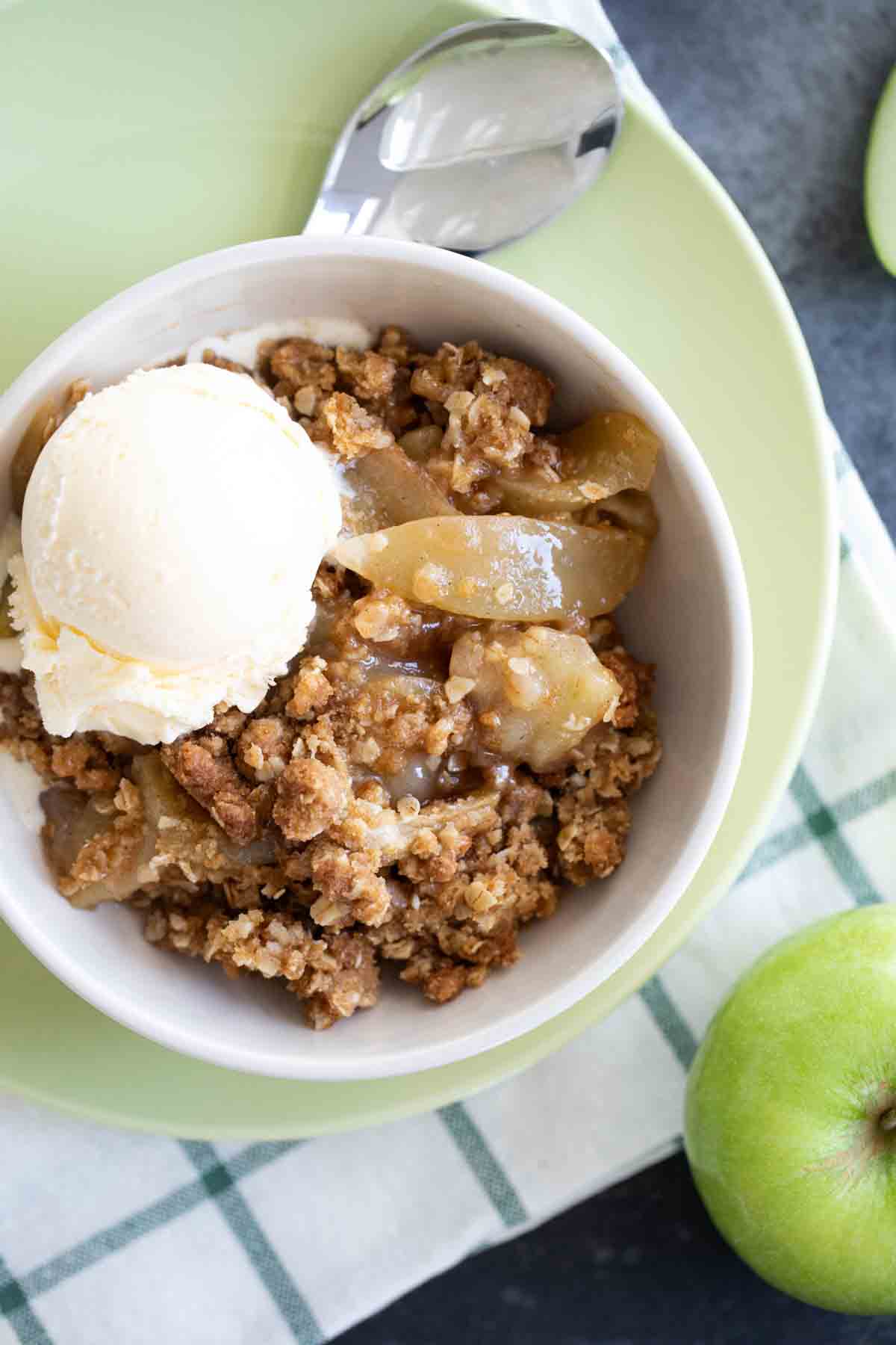 overhead view of Apple Crisp with ice cream