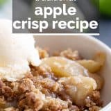 close up of apple crisp with text overlay