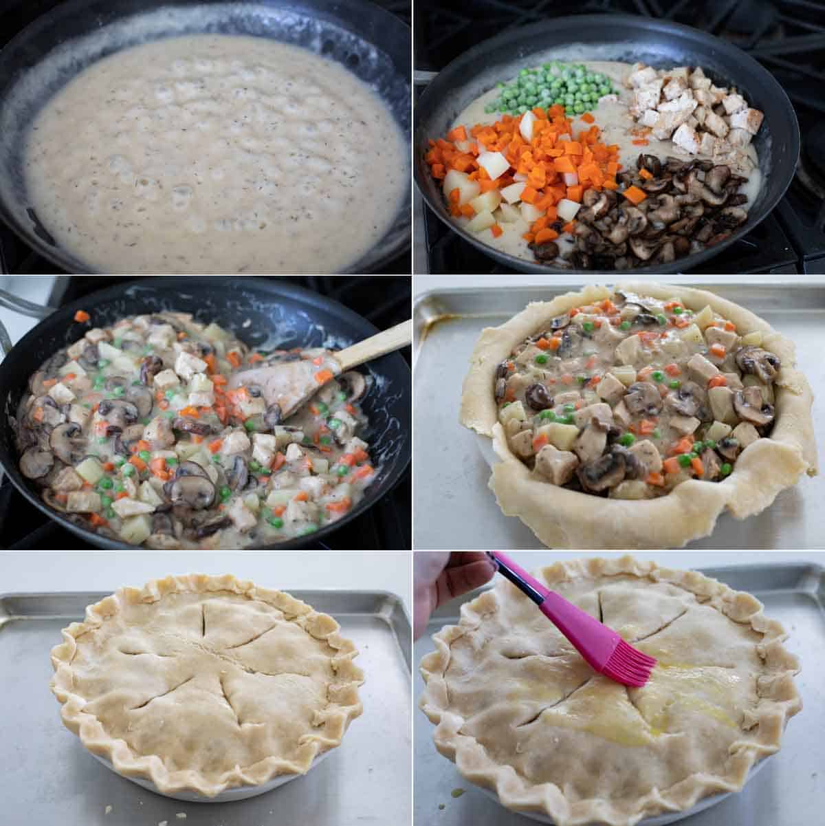 It doesn’t get more comforting than this homemade Chicken Pot Pie recipe! Tender chicken and vegetables are combined with a homemade gravy and baked between two flaky pie crusts. homemade chicken pot pie steps