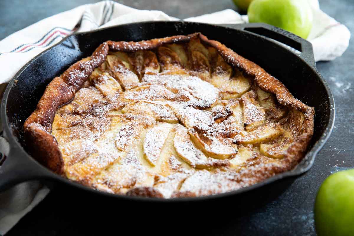 German Apple Pancake in a cast iron pan