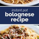 plates of Instant Pot Bolognese with text in the center