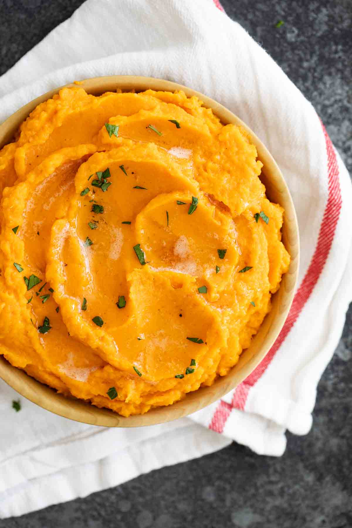 top view of bowl of mashed sweet potatoes