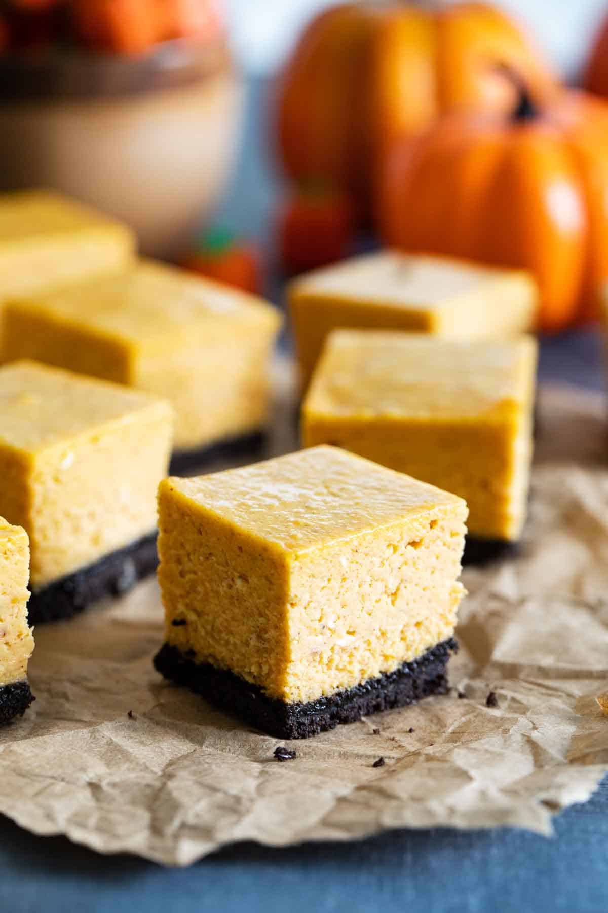 sliced pumpkin cheesecake bars