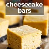 pumpkin cheesecake bar with text overlay