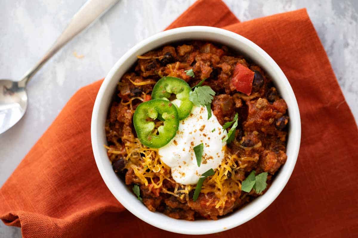 overhead view of pumpkin chili